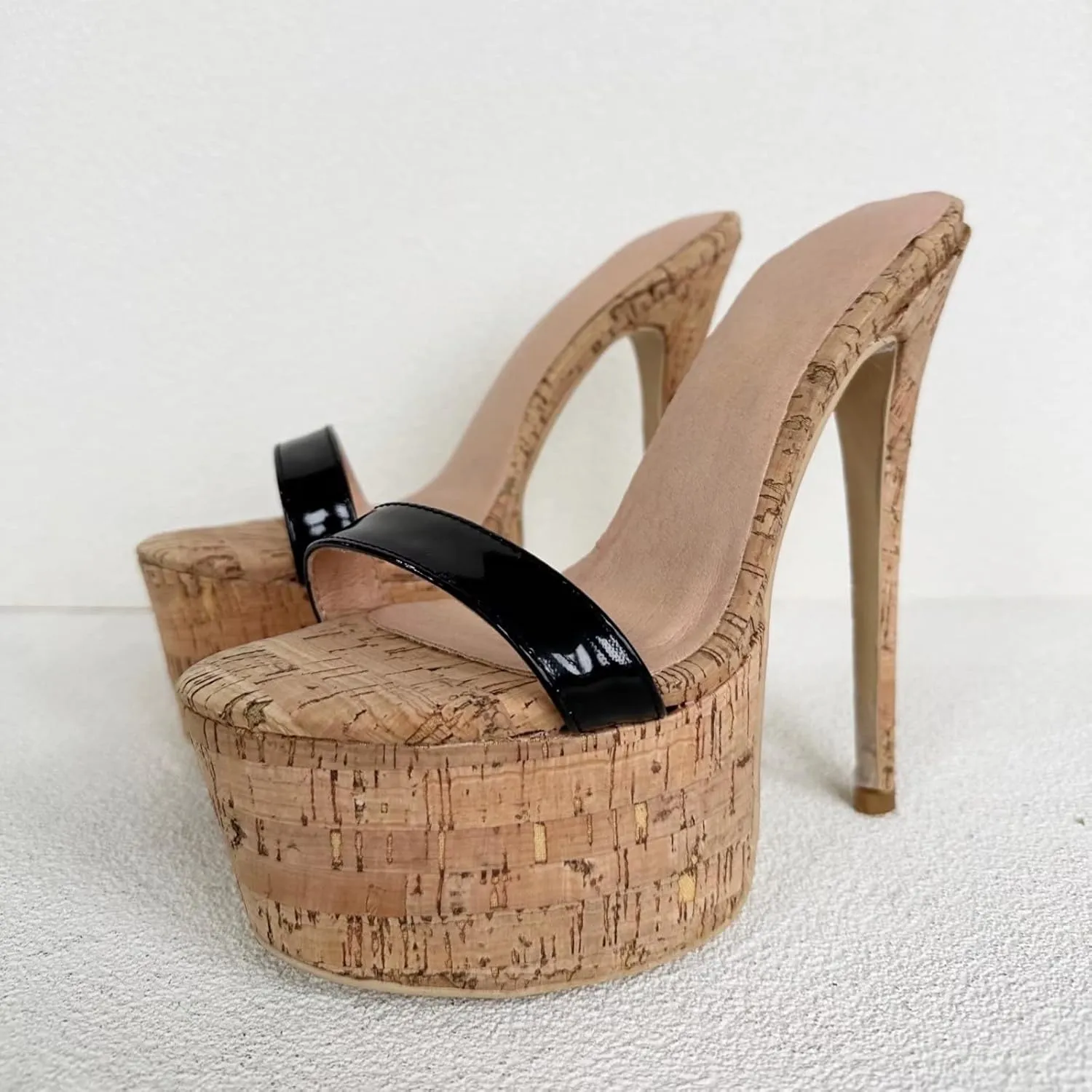 Frankie Hsu Sexy Stiletto Platform Oak High Heeled Sandal, Fashion Black Patent Club Party One Straight Style, Big Large Size US4-19 Designer Slip On Shoes For Women Men