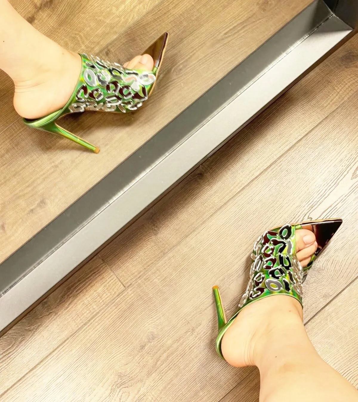 Frankie Hsu Stiletto Mirror Acrylic High Heeled Mules Sandal, Kitten Laser Green High Heels Women Spike Shoes, Designer Pointed Toe Silver Metal Tip Sandal For Women