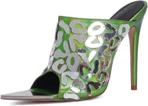 Frankie Hsu Stiletto Mirror Acrylic High Heeled Mules Sandal, Kitten Laser Green High Heels Women Spike Shoes, Designer Pointed Toe Silver Metal Tip Sandal For Women