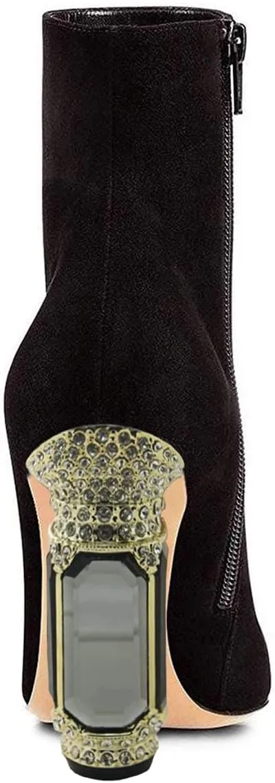 FSJ Women Fashion Ankle Boots Crystal Chunky High Heel Pointed Toe Side Zipper Comfort Dress Short Booties Size 4-15 US