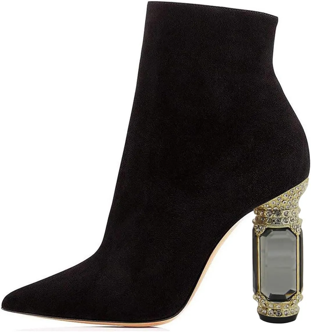 FSJ Women Fashion Ankle Boots Crystal Chunky High Heel Pointed Toe Side Zipper Comfort Dress Short Booties Size 4-15 US