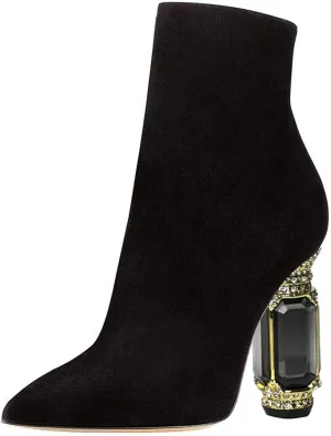 FSJ Women Fashion Ankle Boots Crystal Chunky High Heel Pointed Toe Side Zipper Comfort Dress Short Booties Size 4-15 US