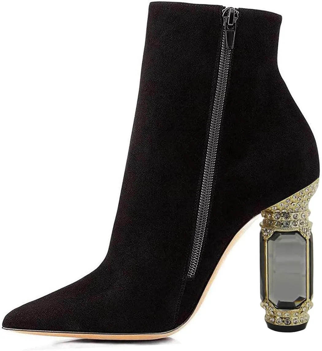 FSJ Women Fashion Ankle Boots Crystal Chunky High Heel Pointed Toe Side Zipper Comfort Dress Short Booties Size 4-15 US