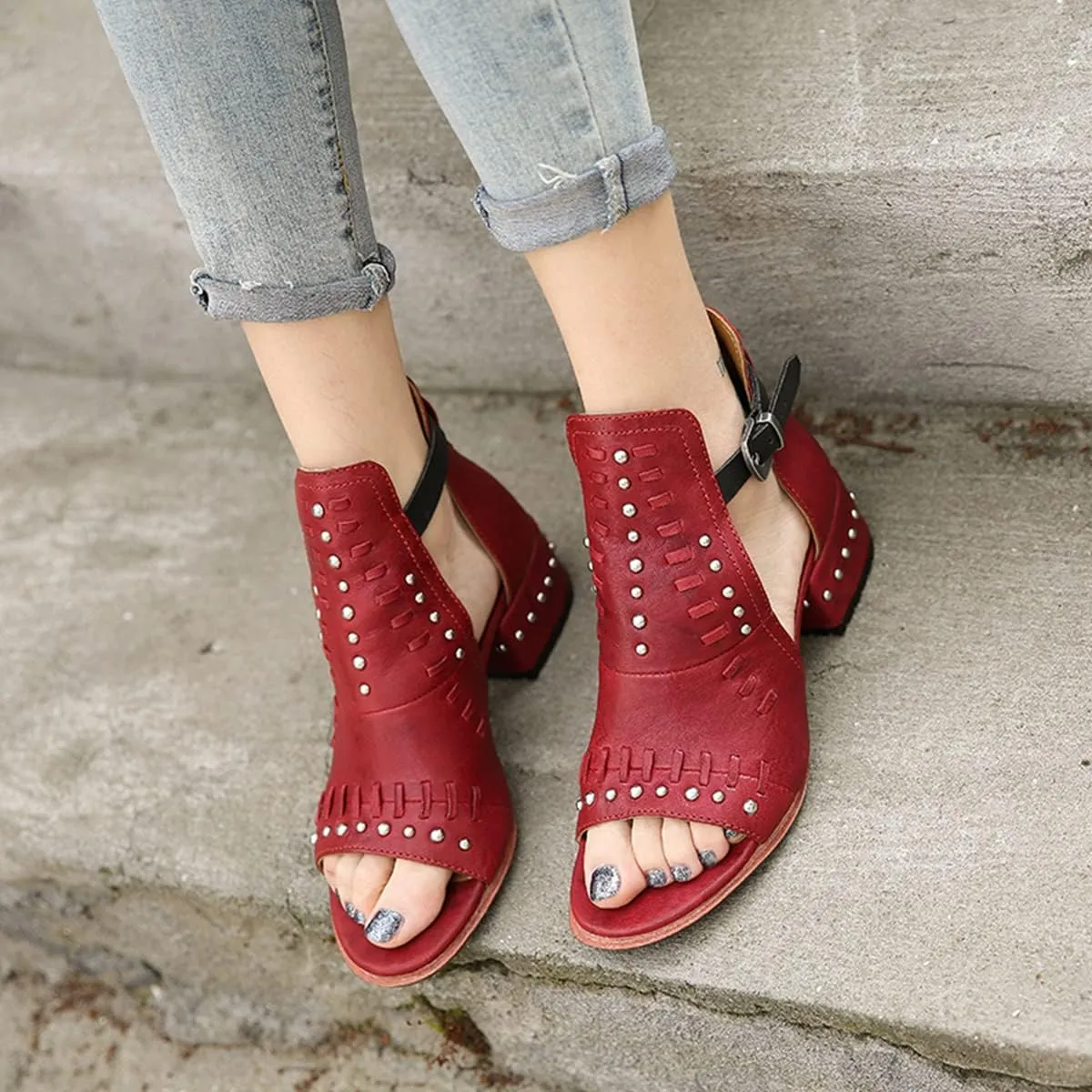 FSJ Women Peep Open Toe Boot Cut Out Buckle Ankle Bootie Comfortable Stacked Block Low Heeled Sandal Shoes Size 4-15 US