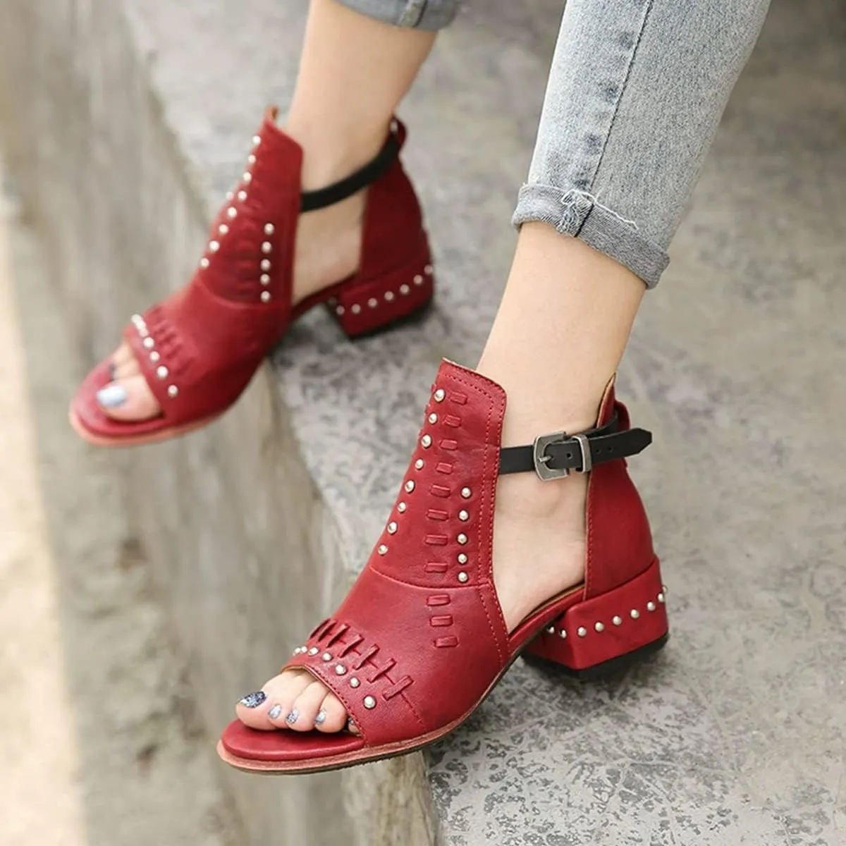 FSJ Women Peep Open Toe Boot Cut Out Buckle Ankle Bootie Comfortable Stacked Block Low Heeled Sandal Shoes Size 4-15 US