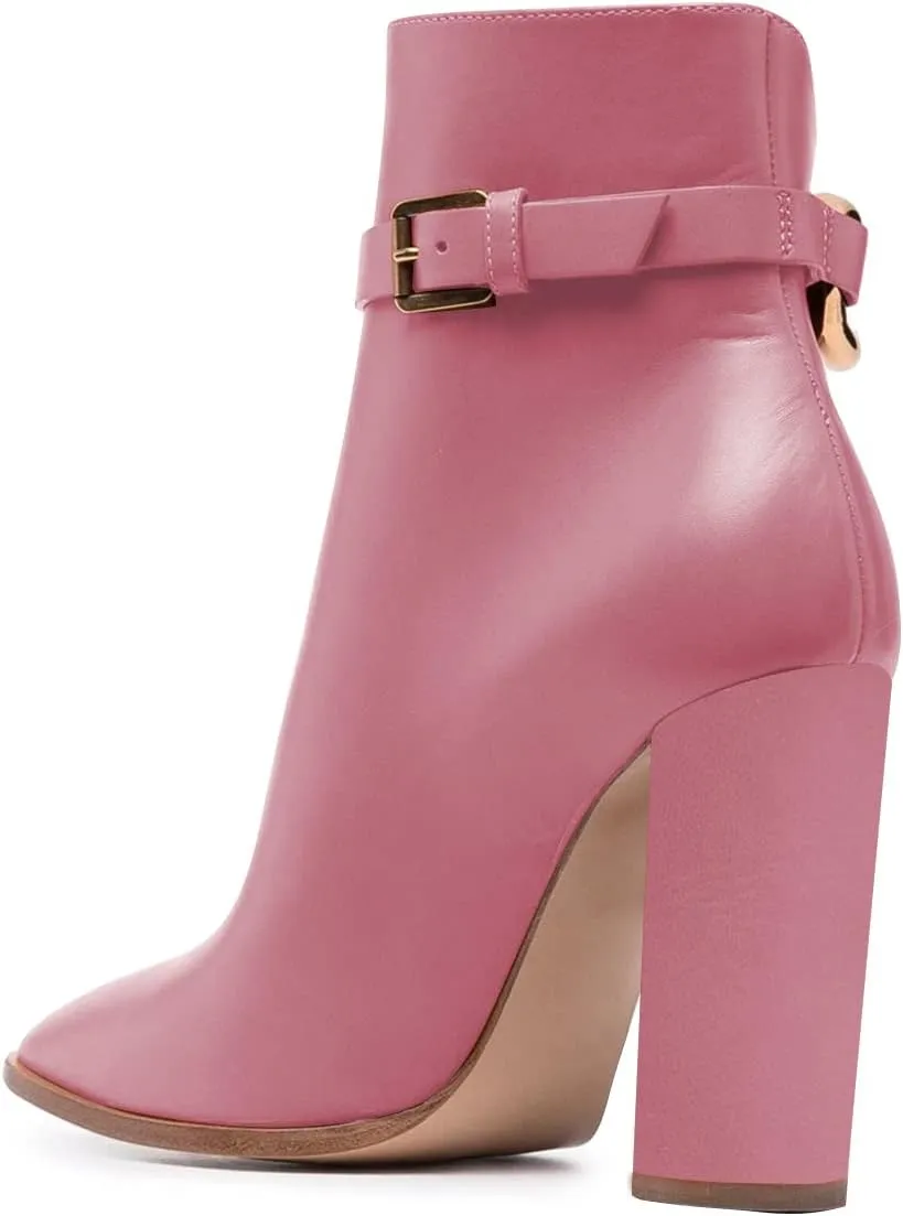 FSJ Women Side Cutout Pointed Toe Ankle Boots Block Stacked Chunky Heel Comfy Adjustable Chain Straps Buckle Fashion Booties Size 4-15 US