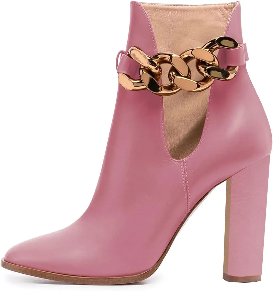 FSJ Women Side Cutout Pointed Toe Ankle Boots Block Stacked Chunky Heel Comfy Adjustable Chain Straps Buckle Fashion Booties Size 4-15 US