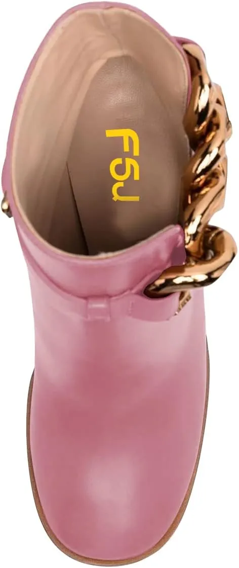 FSJ Women Side Cutout Pointed Toe Ankle Boots Block Stacked Chunky Heel Comfy Adjustable Chain Straps Buckle Fashion Booties Size 4-15 US