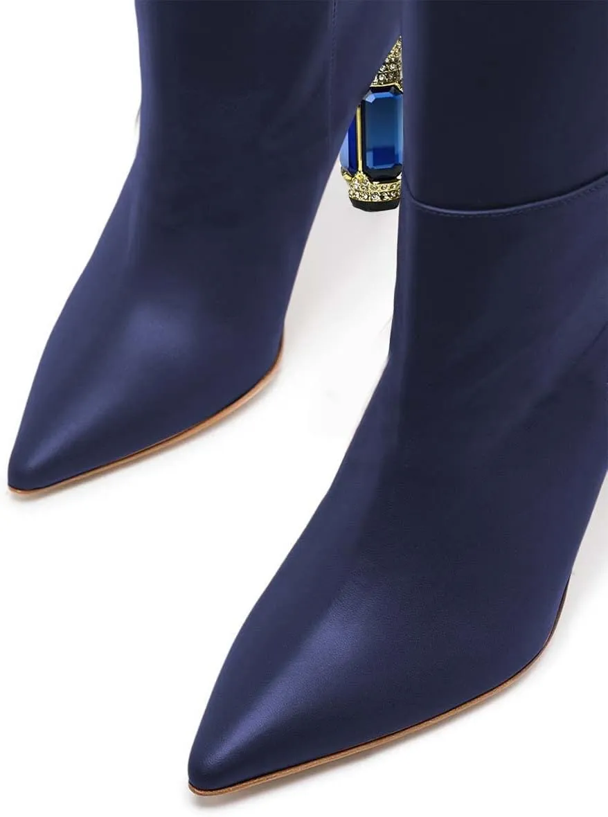 FSJ Women Trendy Studded Knee High Stretch Long Boots Pointed Toe Crystal Block Chunky Heel Comfort Winter Warm Faux Suede Pull On Shoes Size 4-15 US