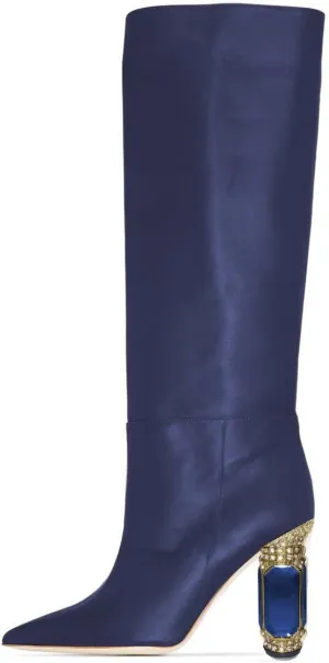 FSJ Women Trendy Studded Knee High Stretch Long Boots Pointed Toe Crystal Block Chunky Heel Comfort Winter Warm Faux Suede Pull On Shoes Size 4-15 US