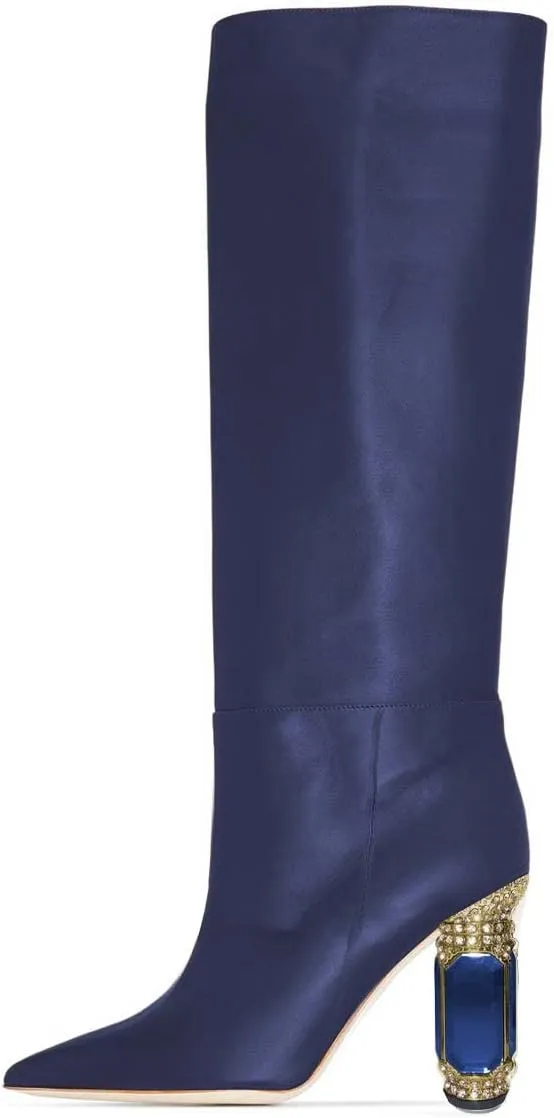 FSJ Women Trendy Studded Knee High Stretch Long Boots Pointed Toe Crystal Block Chunky Heel Comfort Winter Warm Faux Suede Pull On Shoes Size 4-15 US