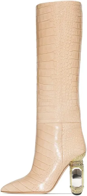 FSJ Women Trendy Studded Knee High Stretch Long Boots Pointed Toe Crystal Block Chunky Heel Comfort Winter Warm Faux Suede Pull On Shoes Size 4-15 US