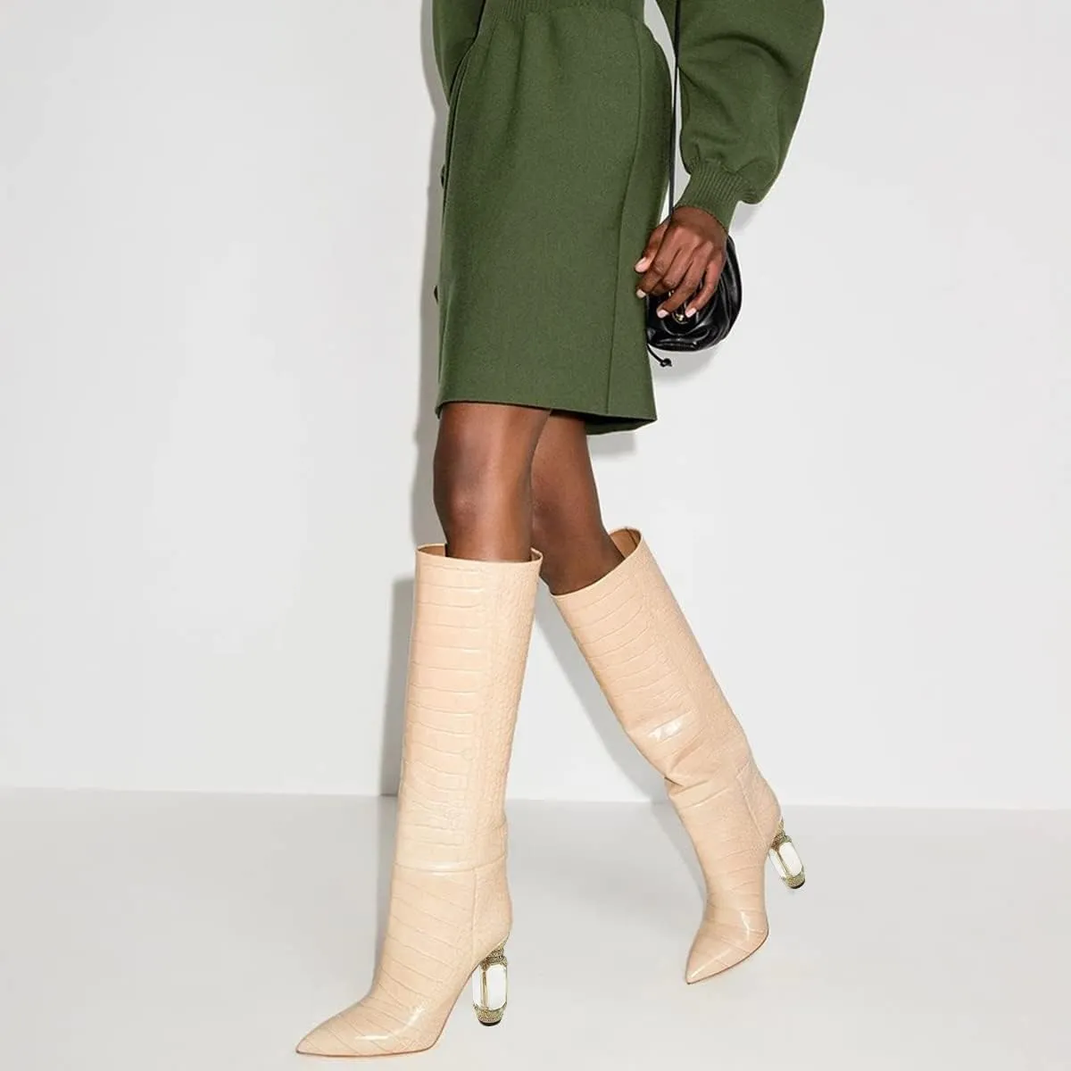 FSJ Women Trendy Studded Knee High Stretch Long Boots Pointed Toe Crystal Block Chunky Heel Comfort Winter Warm Faux Suede Pull On Shoes Size 4-15 US