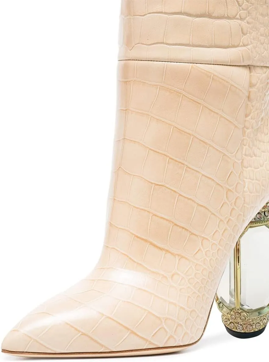 FSJ Women Trendy Studded Knee High Stretch Long Boots Pointed Toe Crystal Block Chunky Heel Comfort Winter Warm Faux Suede Pull On Shoes Size 4-15 US