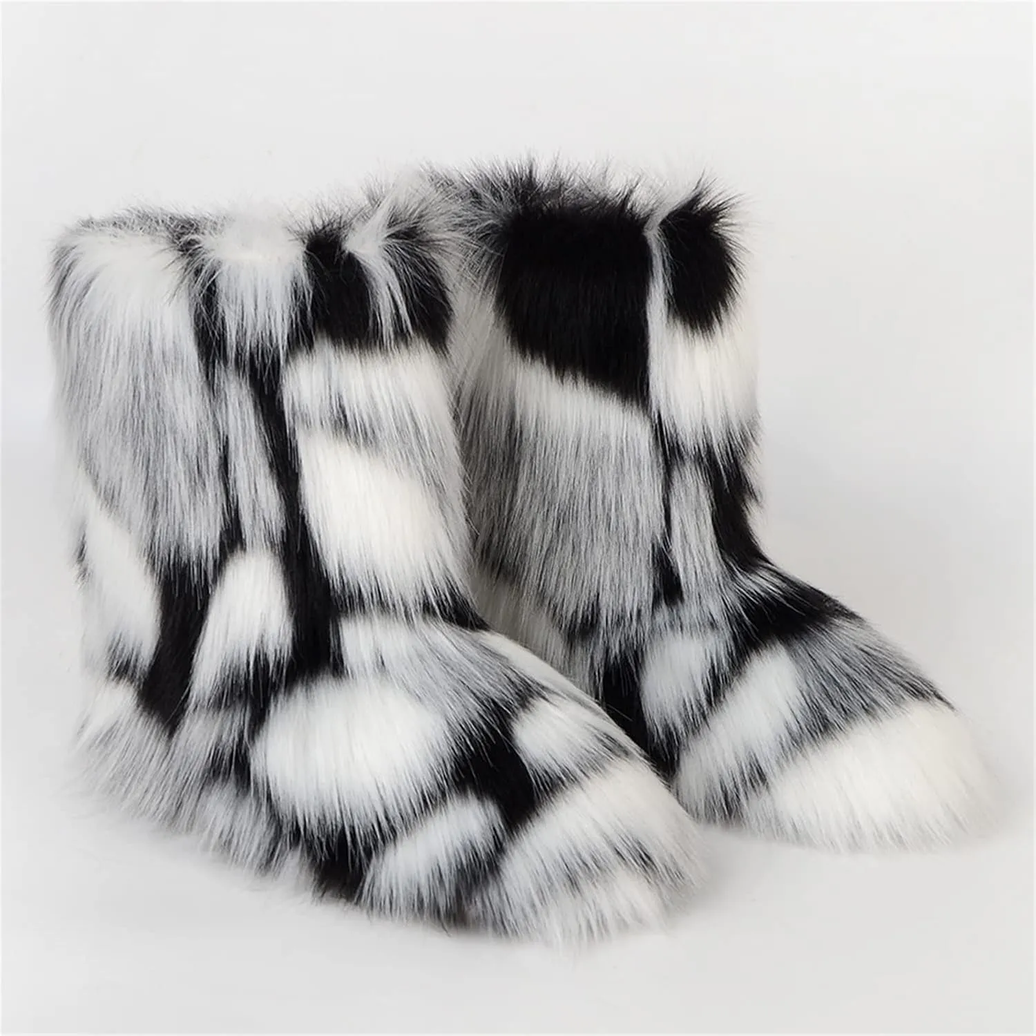FUNCOS Women's Faux Fur Boots Mid-Calf Winter Furry Fuzzy Rave Boots Cosplay Costume