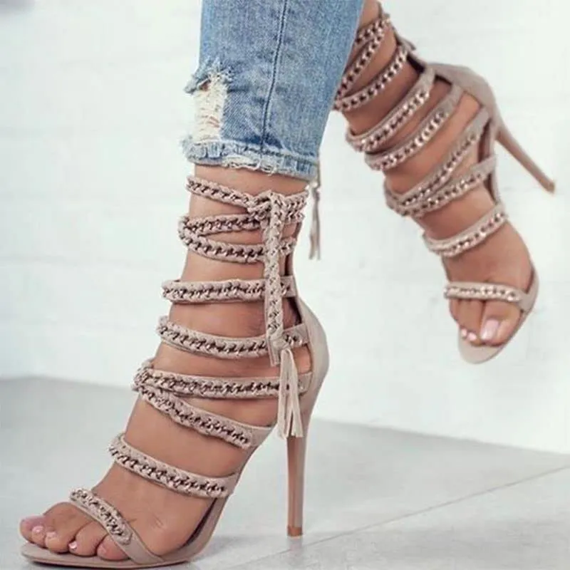 FurinFashion Sexy RLH1 Rope Lace Up Heeled Sandals For Women Fashion Tavel Wear Strappy Heels Sandals Stiletto With High Heels And Ankle Strap (7, camel)