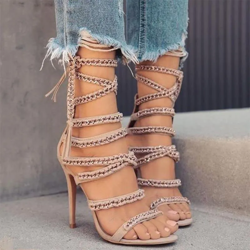 FurinFashion Sexy RLH1 Rope Lace Up Heeled Sandals For Women Fashion Tavel Wear Strappy Heels Sandals Stiletto With High Heels And Ankle Strap (7, camel)