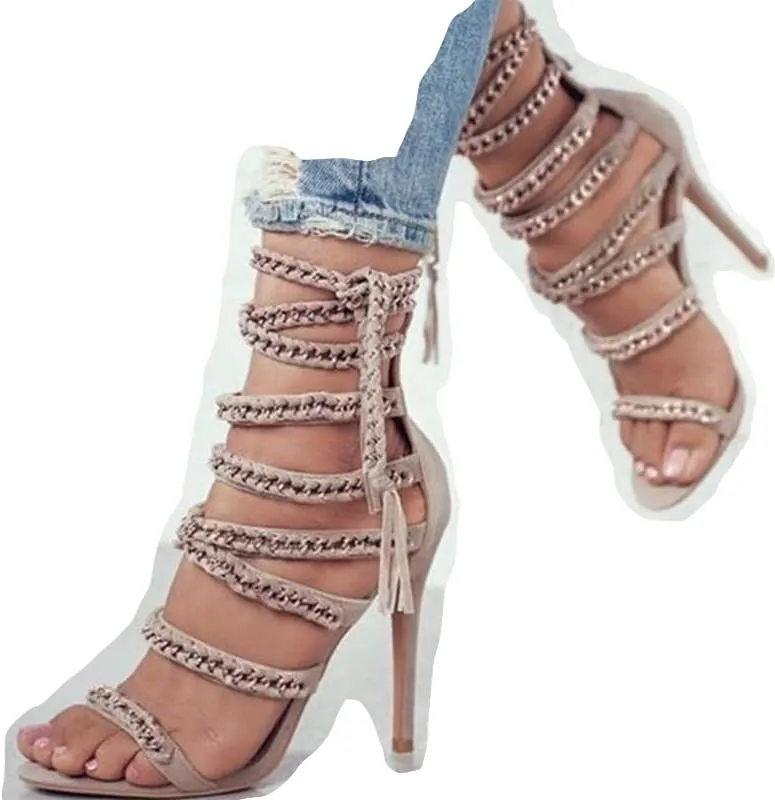 FurinFashion Sexy RLH1 Rope Lace Up Heeled Sandals For Women Fashion Tavel Wear Strappy Heels Sandals Stiletto With High Heels And Ankle Strap (7, camel)