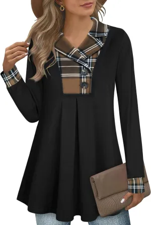 Gaharu Women's Swing Tunic Notch Collar Ladies Button Sweatshirt Long Sleeve Pullover Shirt Tops