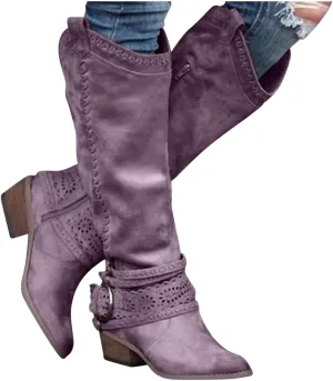 Gibobby Women Boots Mid Knee High Boots Chunky Heel Wide Calf Side Zip Fashion Winter Cowboy Booties