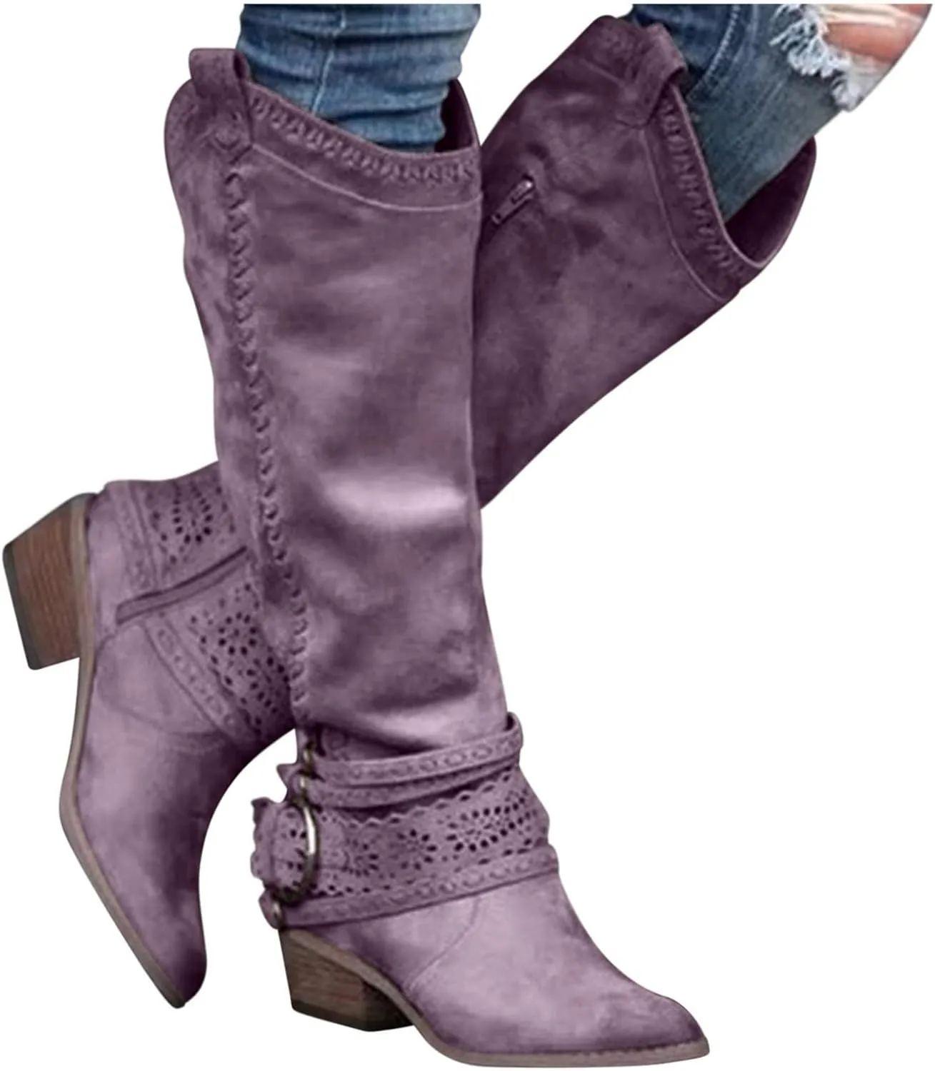 Gibobby Women Boots Mid Knee High Boots Chunky Heel Wide Calf Side Zip Fashion Winter Cowboy Booties