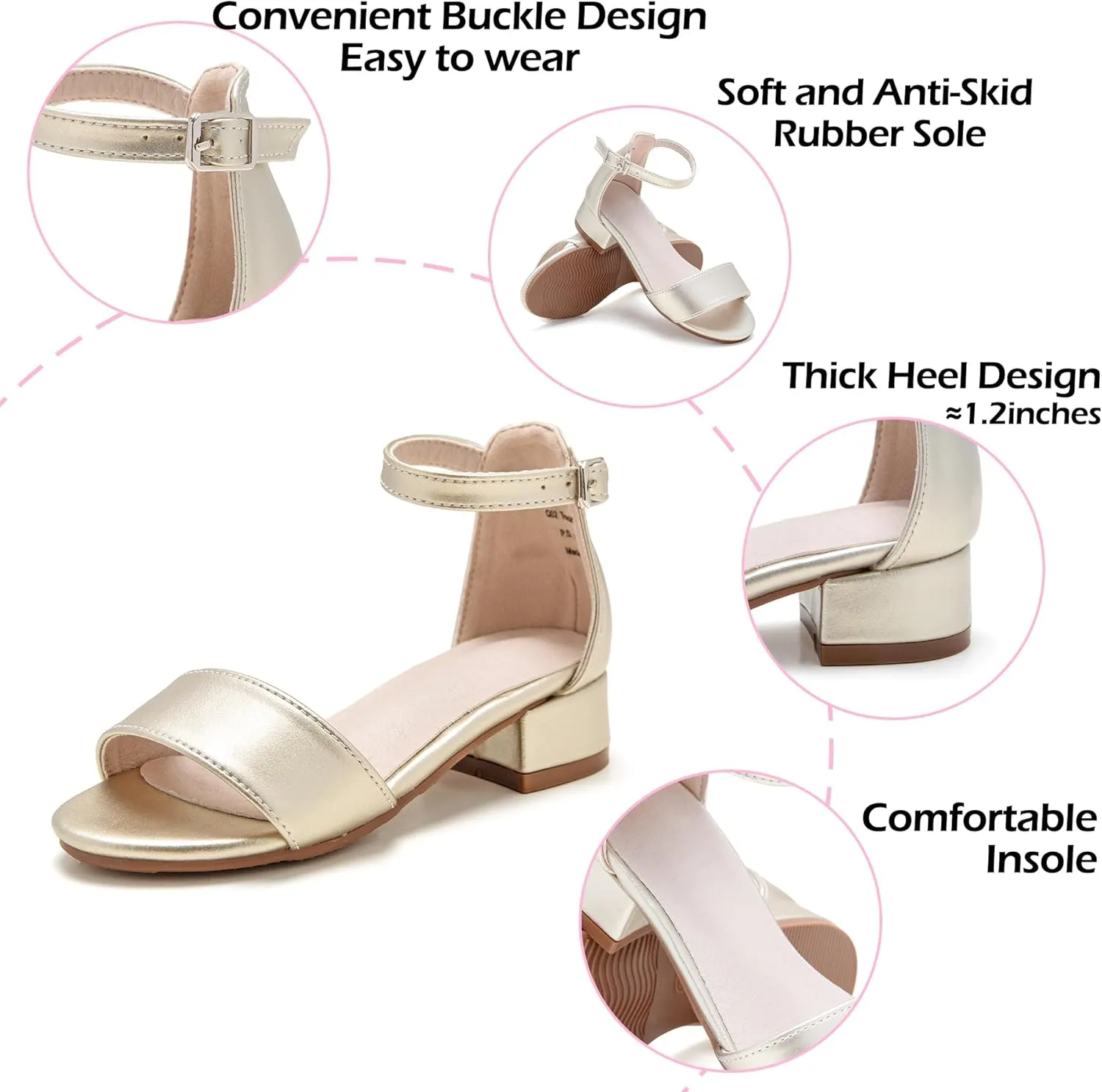 Girl Low Heels Sandals - Flower Girl Dress Shoes Open Toe Ankle Strap Wedding Party for Toddler Little Big Kids