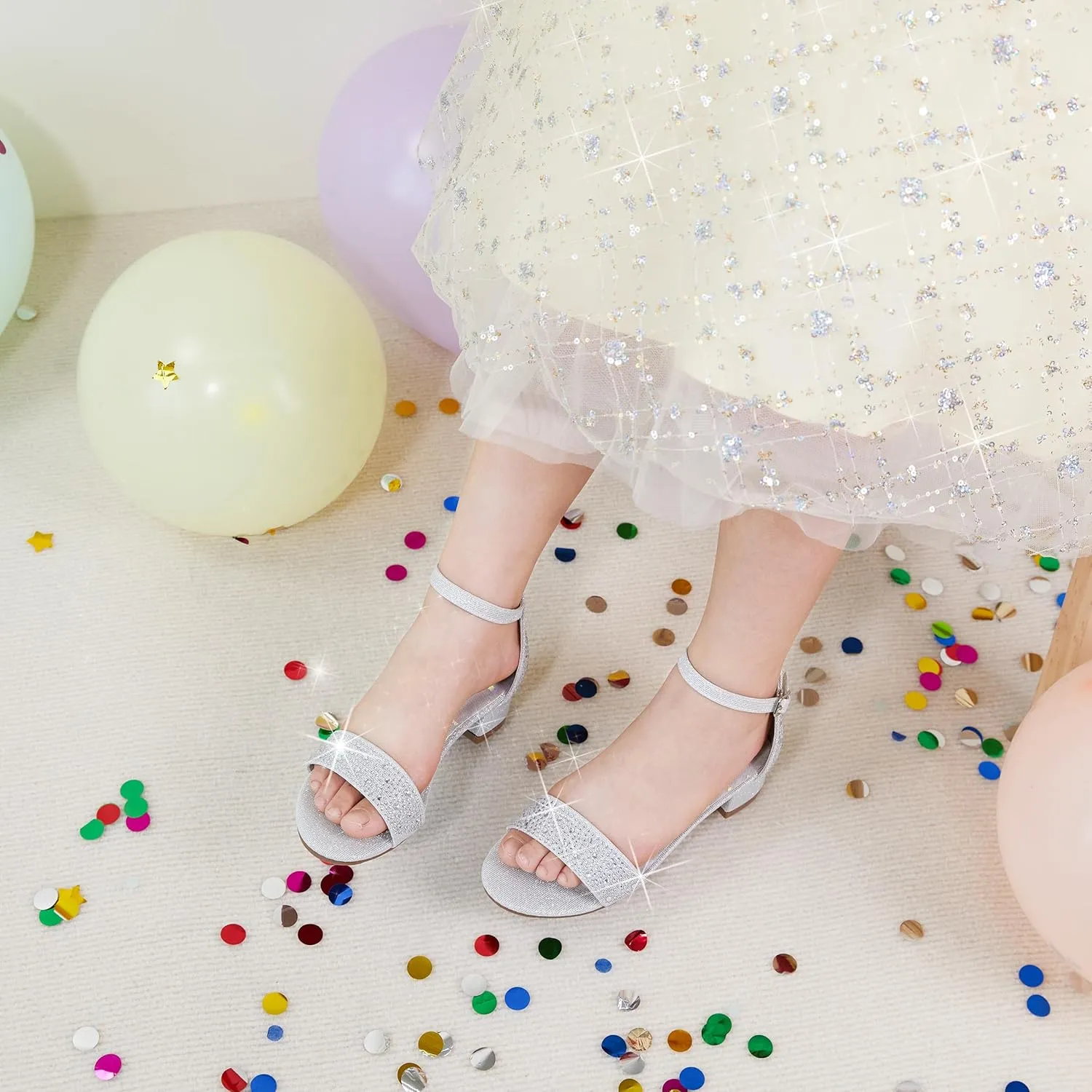Girl Low Heels Sandals - Flower Girl Dress Shoes Open Toe Ankle Strap Wedding Party for Toddler Little Big Kids