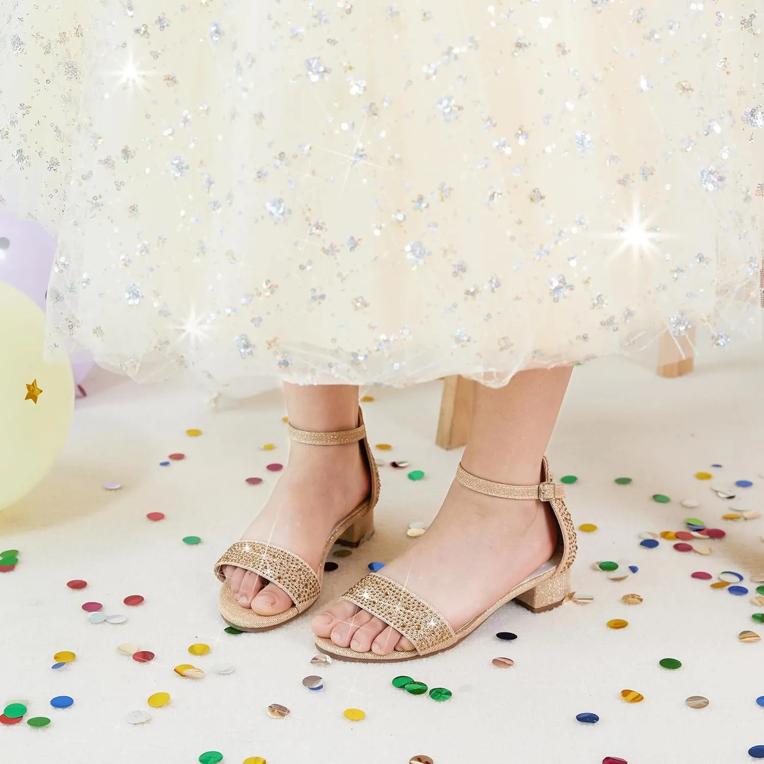 Girl Low Heels Sandals - Flower Girl Dress Shoes Open Toe Ankle Strap Wedding Party for Toddler Little Big Kids