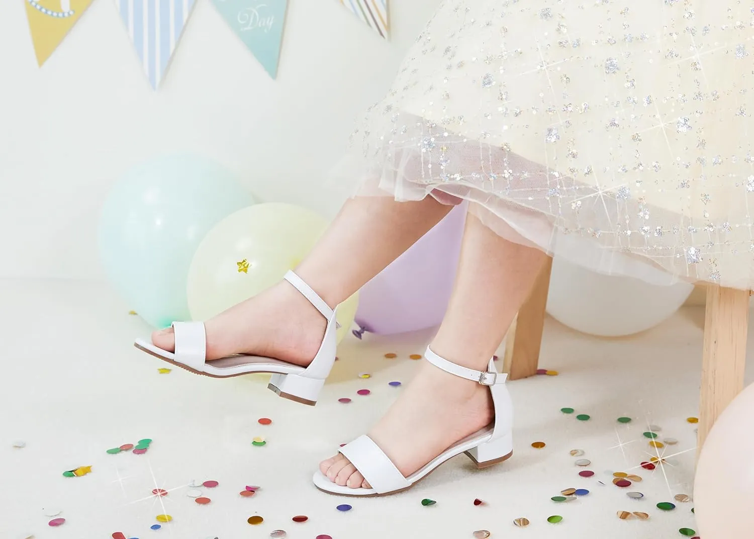 Girl Low Heels Sandals - Flower Girl Dress Shoes Open Toe Ankle Strap Wedding Party for Toddler Little Big Kids