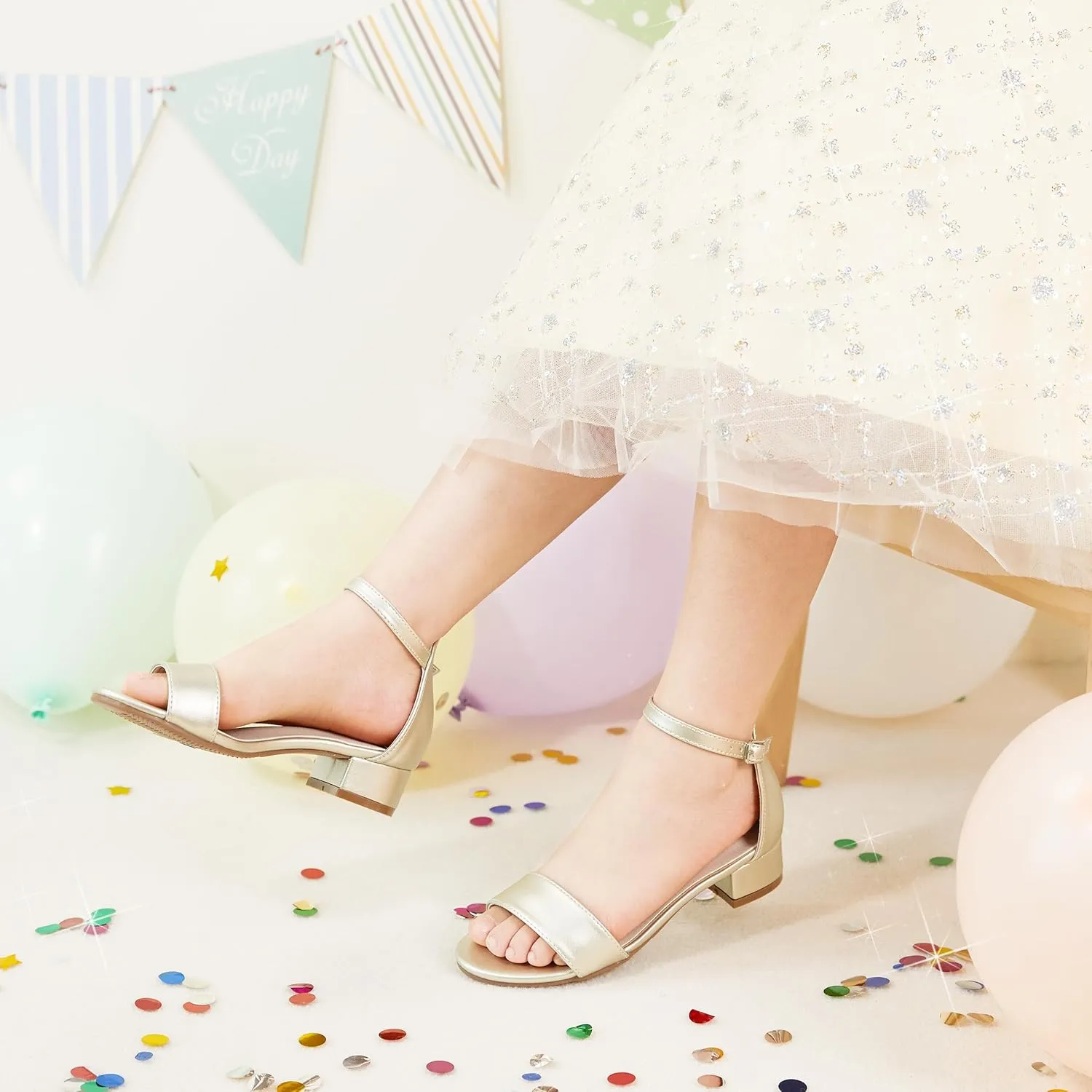 Girl Low Heels Sandals - Flower Girl Dress Shoes Open Toe Ankle Strap Wedding Party for Toddler Little Big Kids