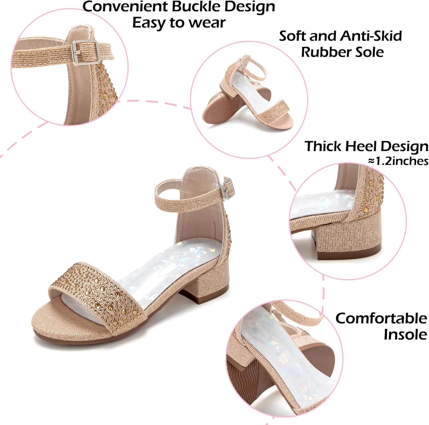 Girl Low Heels Sandals - Flower Girl Dress Shoes Open Toe Ankle Strap Wedding Party for Toddler Little Big Kids
