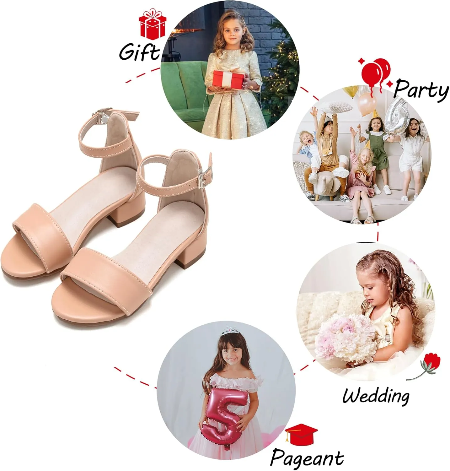 Girl Low Heels Sandals - Flower Girl Dress Shoes Open Toe Ankle Strap Wedding Party for Toddler Little Big Kids