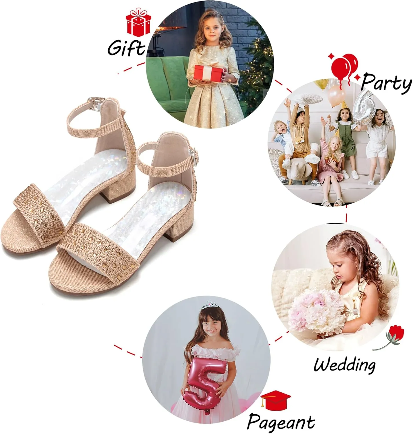 Girl Low Heels Sandals - Flower Girl Dress Shoes Open Toe Ankle Strap Wedding Party for Toddler Little Big Kids