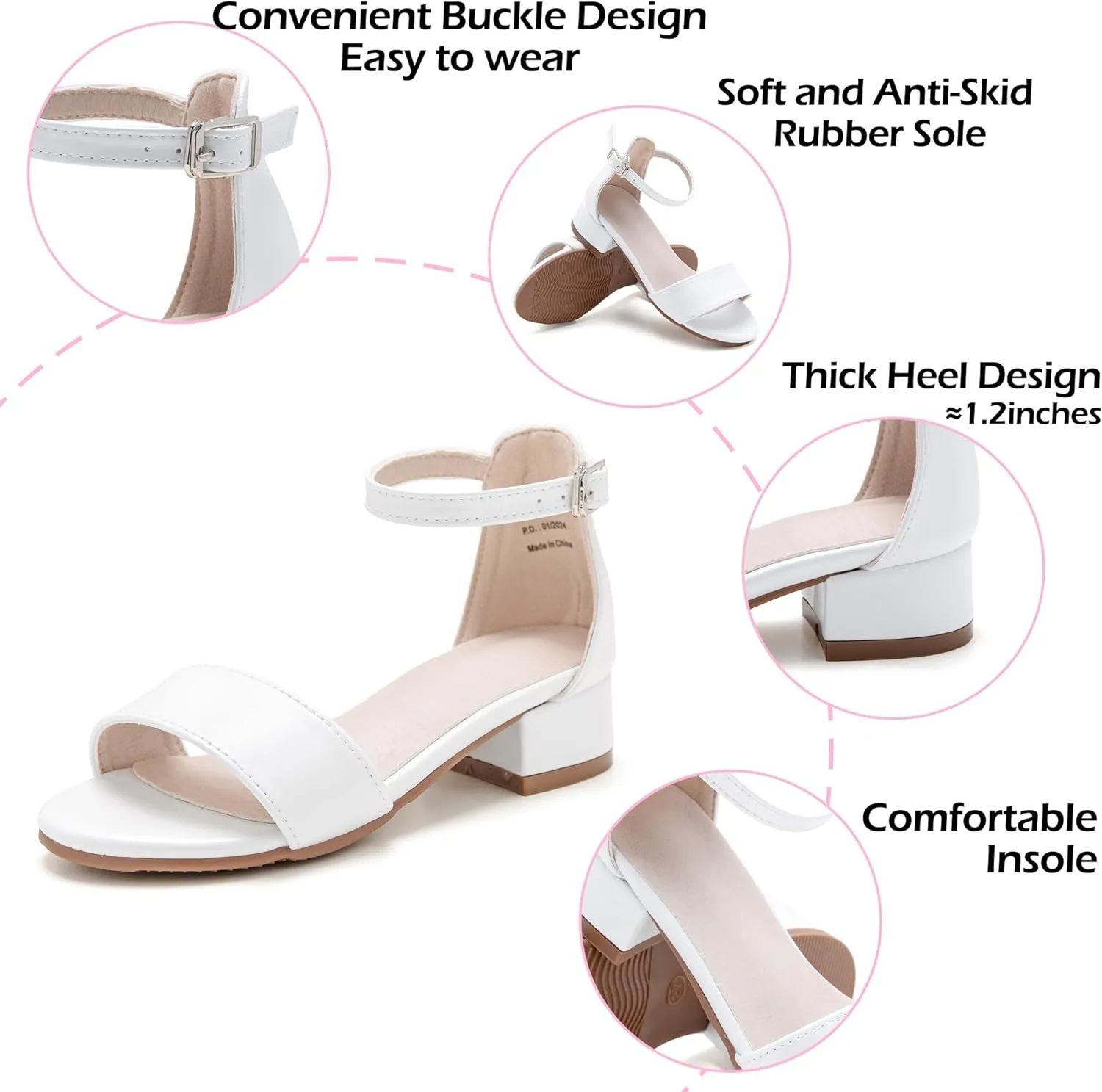 Girl Low Heels Sandals - Flower Girl Dress Shoes Open Toe Ankle Strap Wedding Party for Toddler Little Big Kids