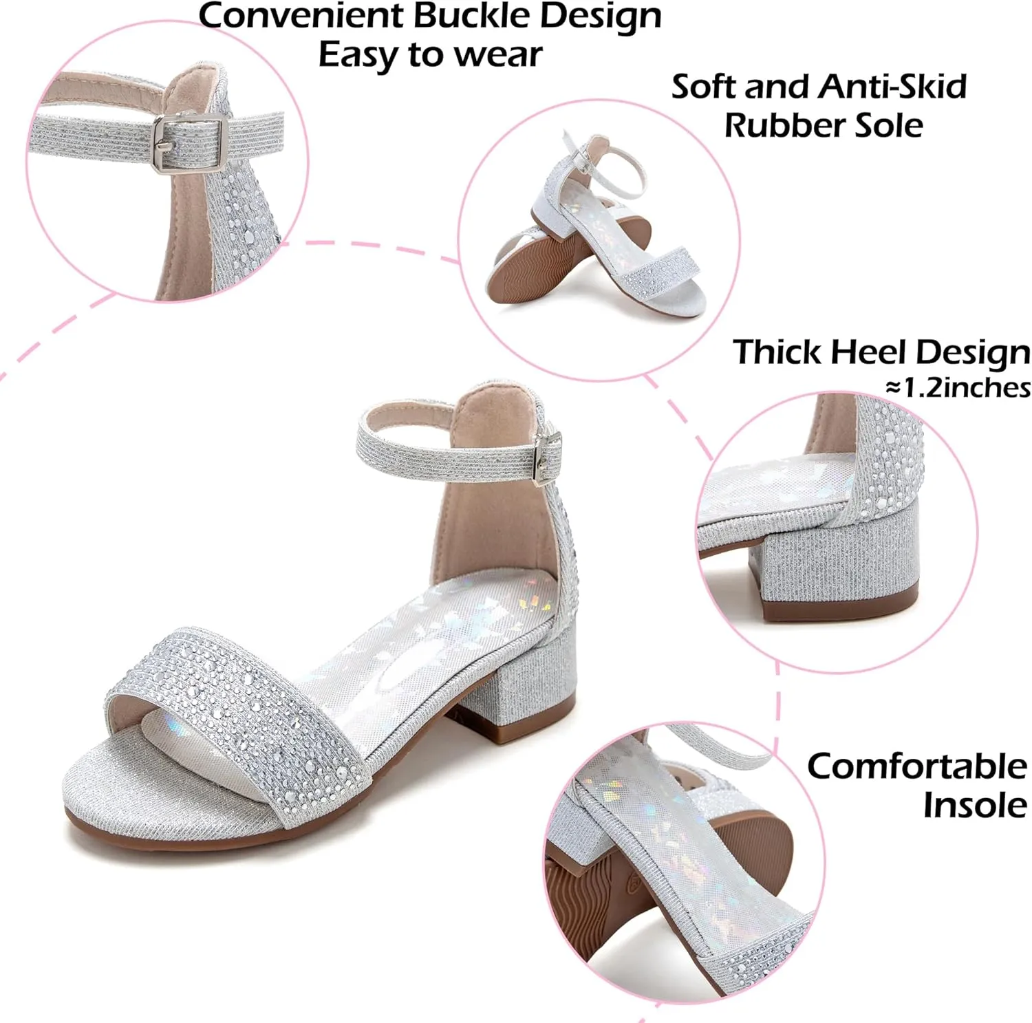 Girl Low Heels Sandals - Flower Girl Dress Shoes Open Toe Ankle Strap Wedding Party for Toddler Little Big Kids