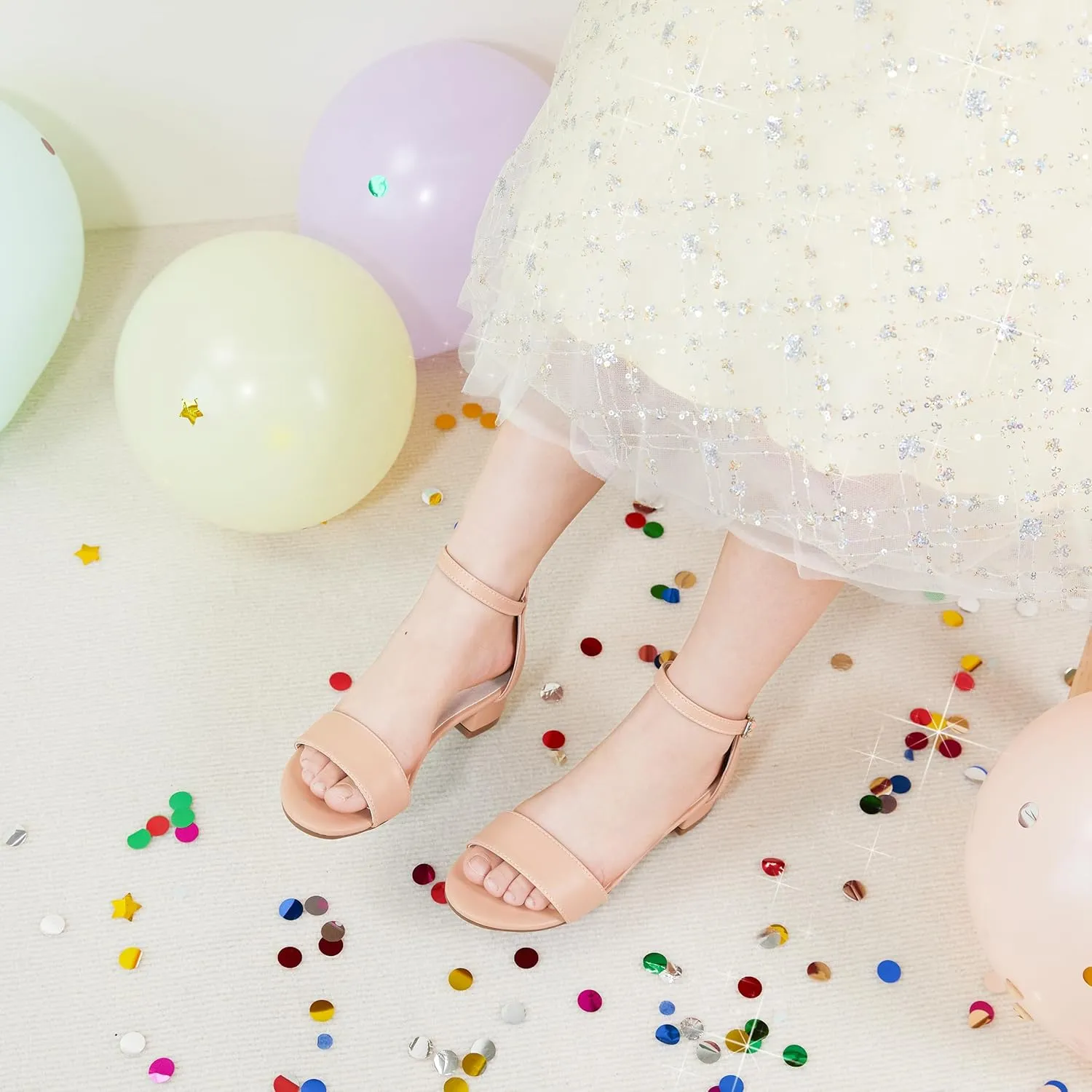 Girl Low Heels Sandals - Flower Girl Dress Shoes Open Toe Ankle Strap Wedding Party for Toddler Little Big Kids