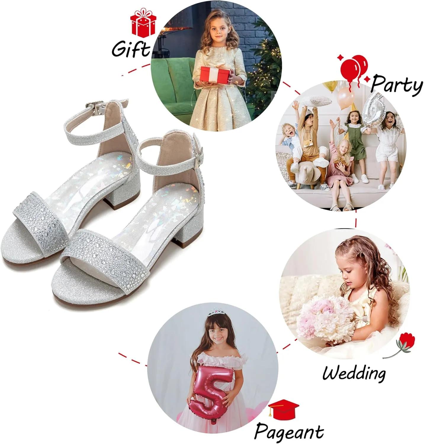Girl Low Heels Sandals - Flower Girl Dress Shoes Open Toe Ankle Strap Wedding Party for Toddler Little Big Kids
