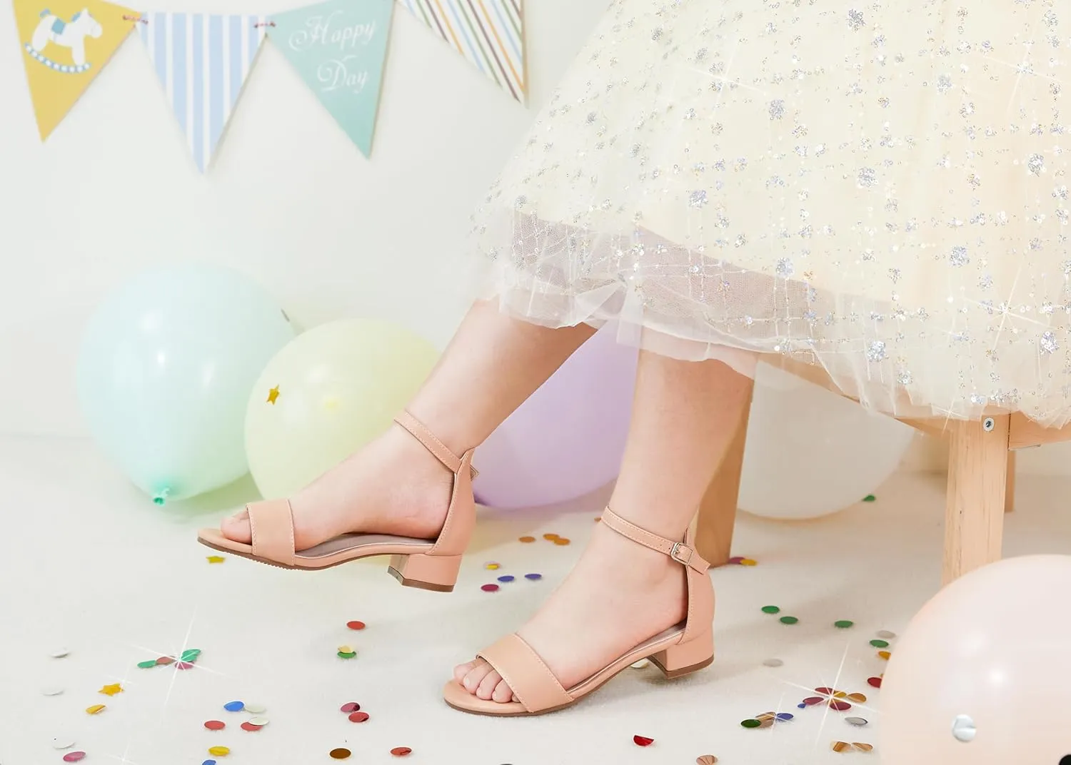 Girl Low Heels Sandals - Flower Girl Dress Shoes Open Toe Ankle Strap Wedding Party for Toddler Little Big Kids