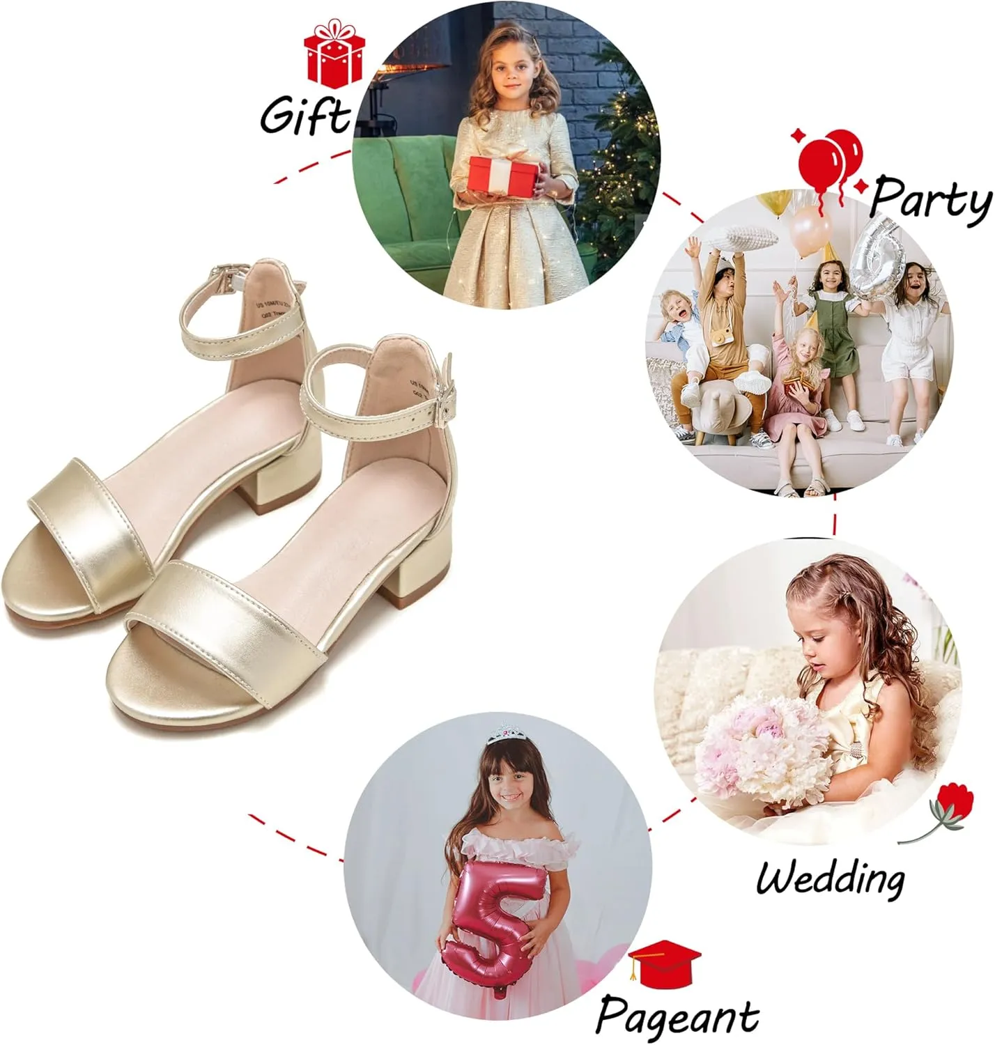 Girl Low Heels Sandals - Flower Girl Dress Shoes Open Toe Ankle Strap Wedding Party for Toddler Little Big Kids