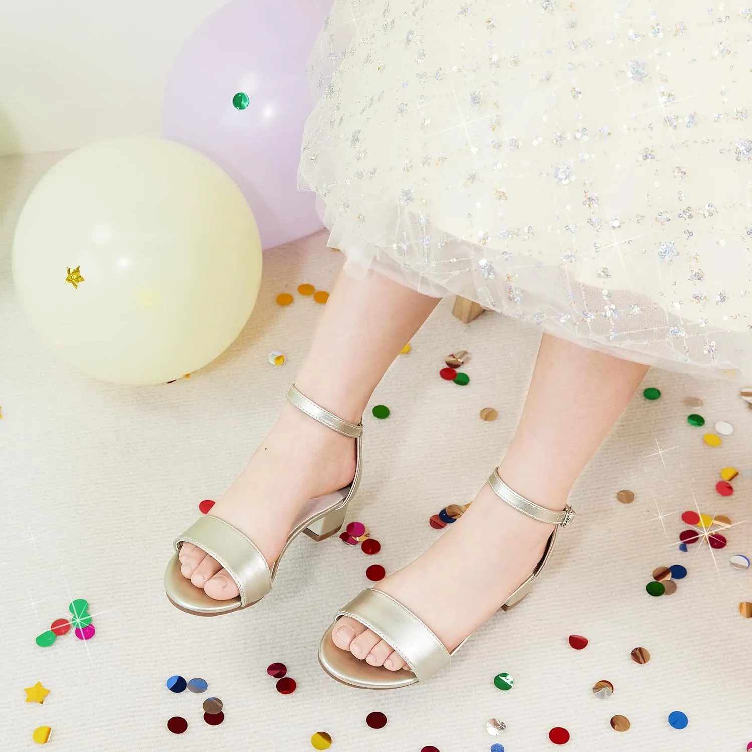 Girl Low Heels Sandals - Flower Girl Dress Shoes Open Toe Ankle Strap Wedding Party for Toddler Little Big Kids