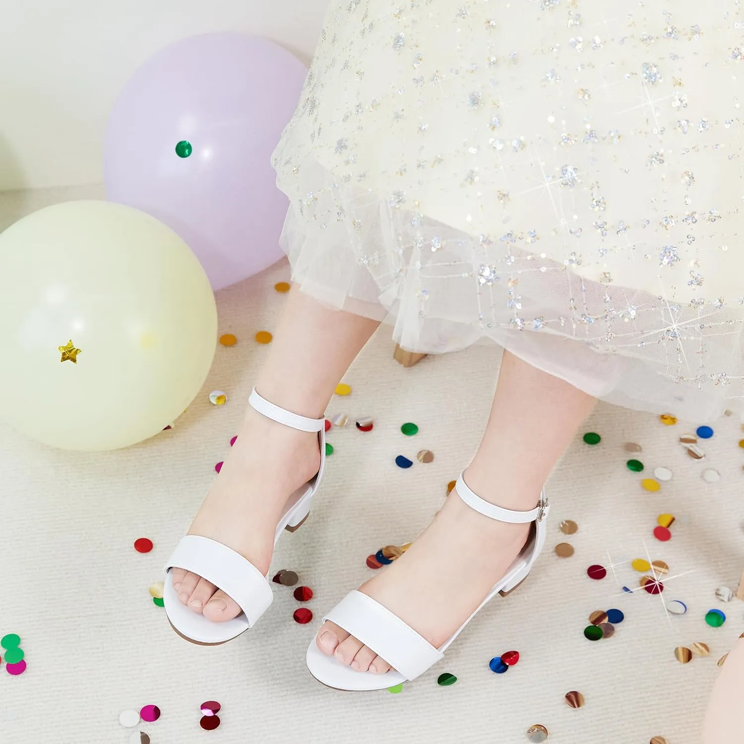 Girl Low Heels Sandals - Flower Girl Dress Shoes Open Toe Ankle Strap Wedding Party for Toddler Little Big Kids