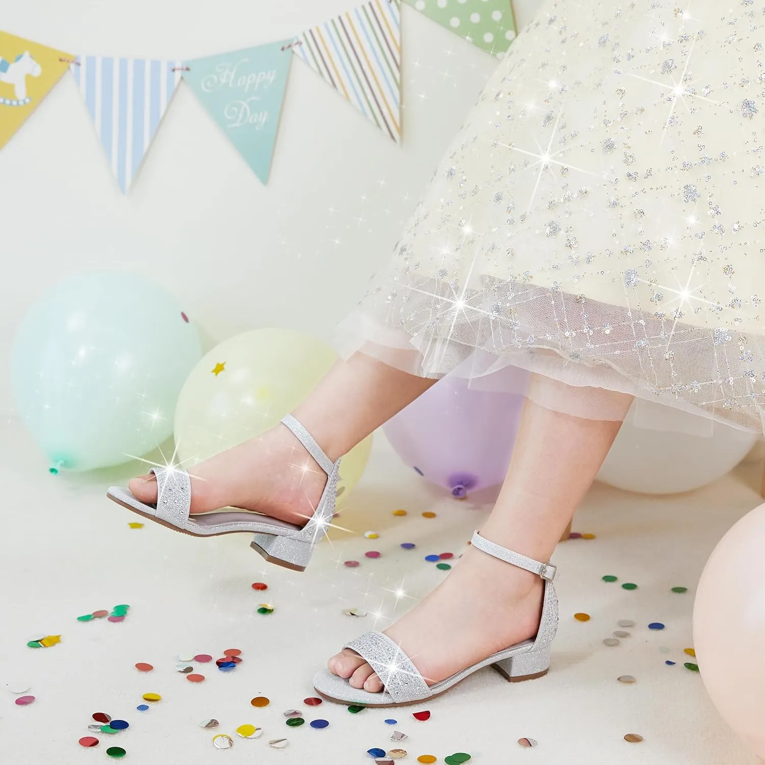 Girl Low Heels Sandals - Flower Girl Dress Shoes Open Toe Ankle Strap Wedding Party for Toddler Little Big Kids