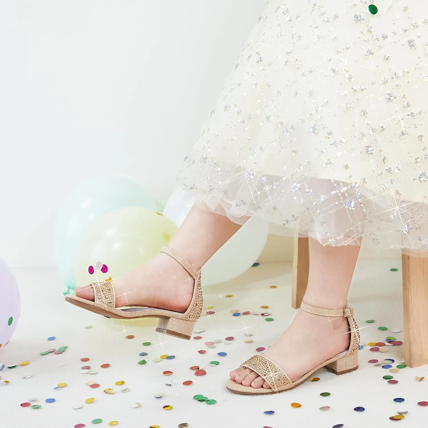 Girl Low Heels Sandals - Flower Girl Dress Shoes Open Toe Ankle Strap Wedding Party for Toddler Little Big Kids