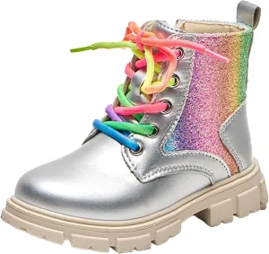 Girls Ankle Boots Kids Fashion Sequined Short Booties Casual Lace Up Platform Combat Boots Soft Sole Walking Shoes