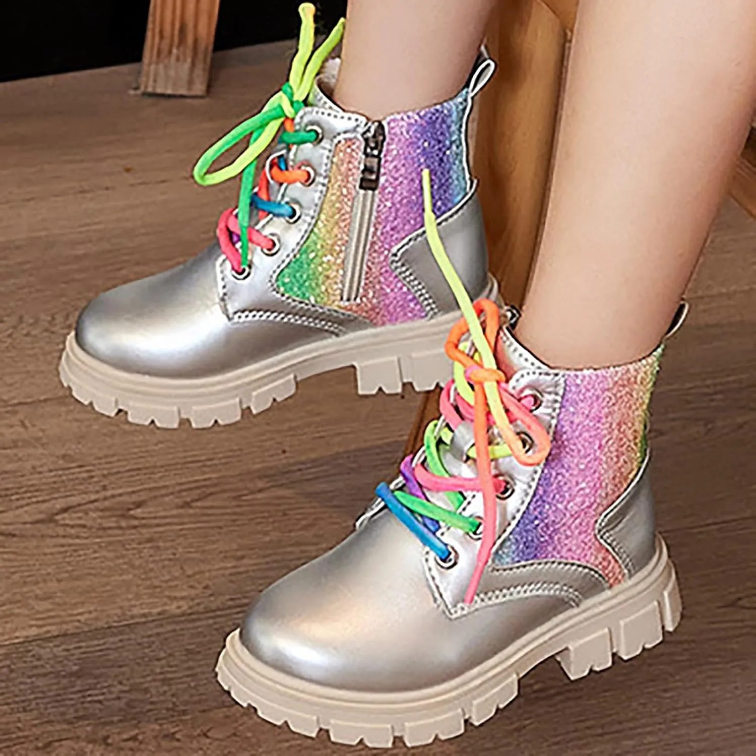 Girls Ankle Boots Kids Fashion Sequined Short Booties Casual Lace Up Platform Combat Boots Soft Sole Walking Shoes