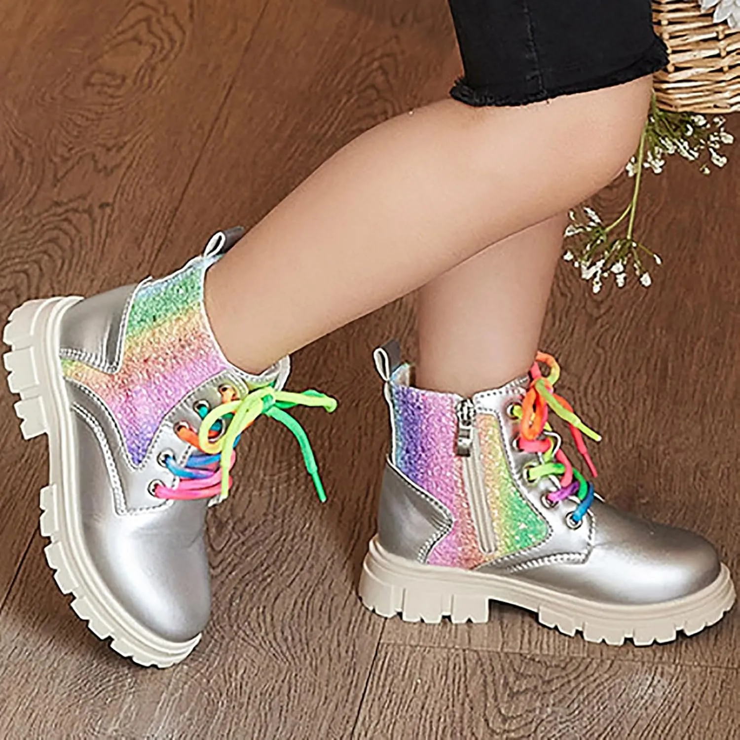 Girls Ankle Boots Kids Fashion Sequined Short Booties Casual Lace Up Platform Combat Boots Soft Sole Walking Shoes