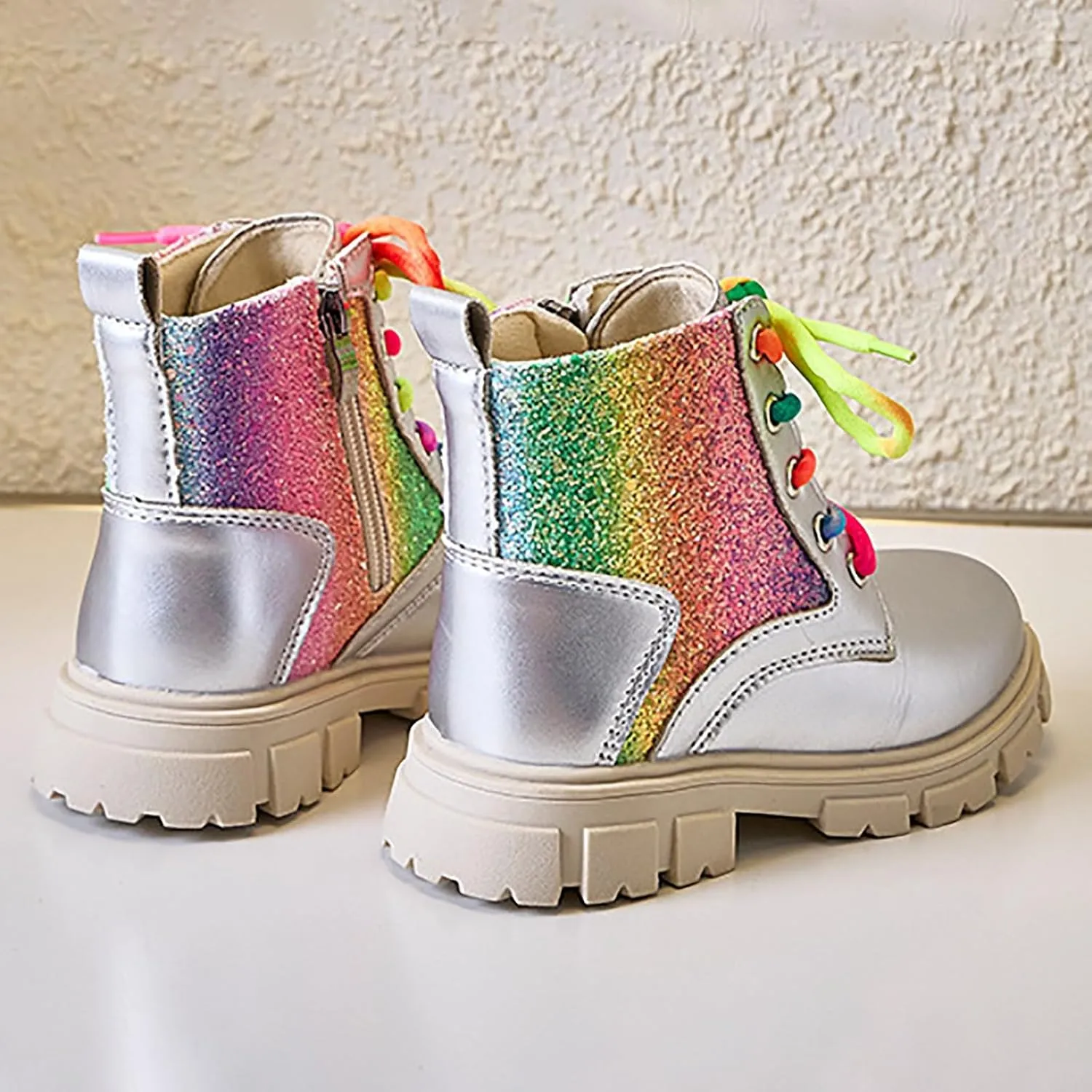 Girls Ankle Boots Kids Fashion Sequined Short Booties Casual Lace Up Platform Combat Boots Soft Sole Walking Shoes