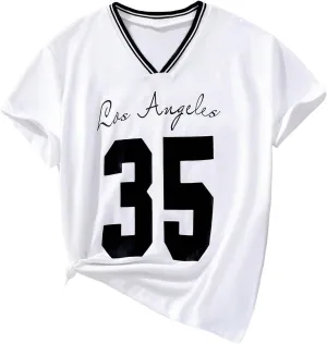 Girl's Striped Number Print Jersey Shirts V Neck Short Sleeve Casual Y2K Graphic Tees Summer Tops