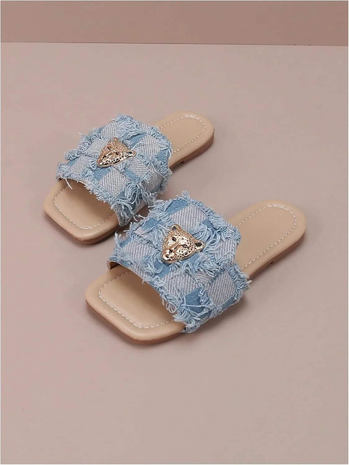 GORGLITTER Girl's Distressed Flat Sandals Dressy Metal Square Open Toe Summer Slip on Slide Sandals