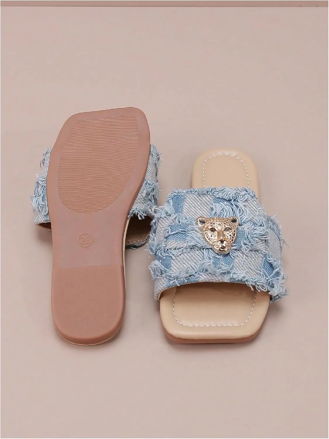 GORGLITTER Girl's Distressed Flat Sandals Dressy Metal Square Open Toe Summer Slip on Slide Sandals